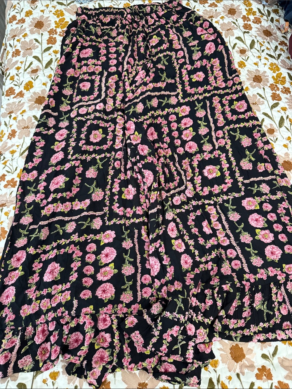 Dry Goods Black Maxi Skirt with Pink Floral Print